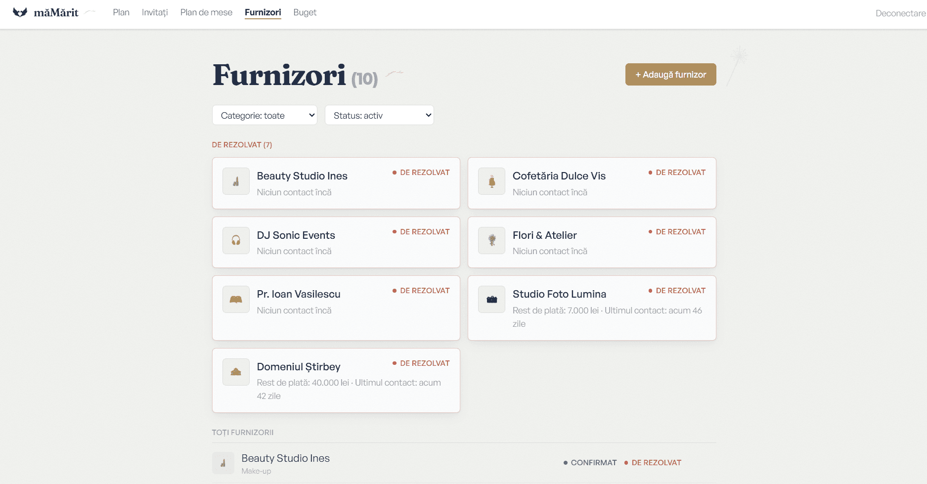 Lista de furnizori din măMărit.eu, cu furnizorii de rezolvat semnalați în capul listei